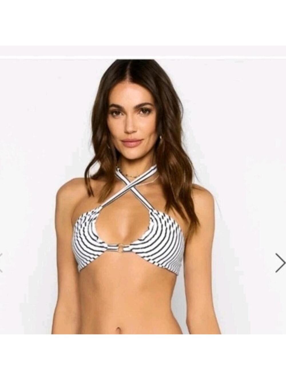 Beach Bunny Georgia Halter Bikini Top DD NWT Ribbed Black White Stripe $105 #A